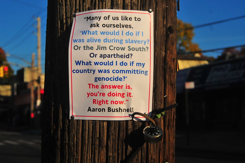 "Many
            of us like to ask ourselves, 'What would I do if I was alive
            during slavery? Or the Jim Crow South? Or apartheid? What
            would I do if my country was committing genocide?' The
            answer is, you're doing it. Right now." - Aaron
            Bushnell